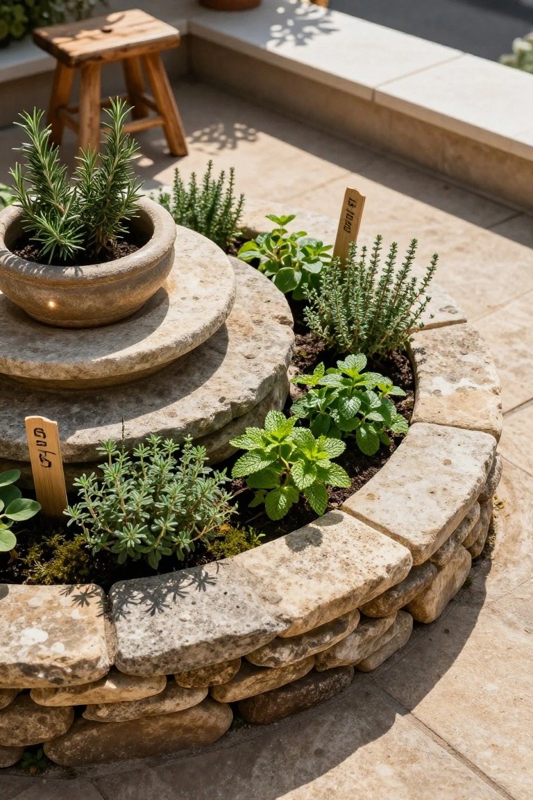 Circular tiered stone planter on a patio filled with potted rosemary at the top and various herbs like mint, thyme, and basil in the lower stone beds, with a wooden stool and plant labels nearby.