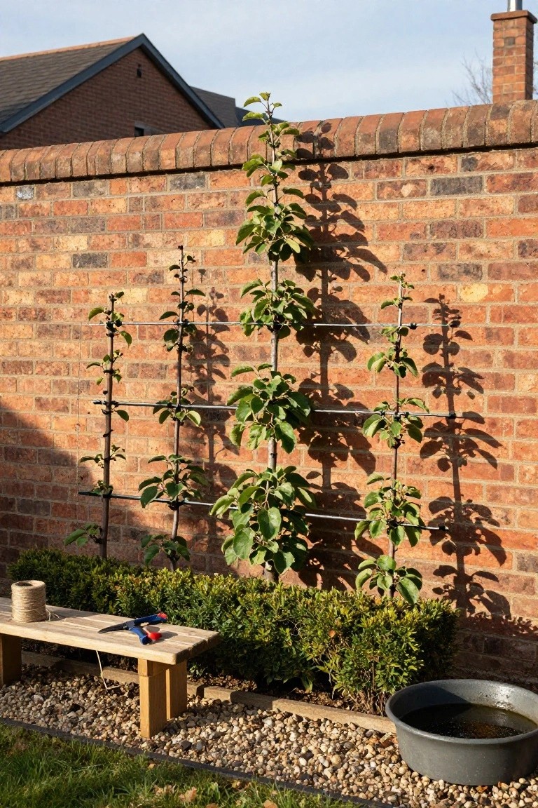 Young apple tree trained flat in an espalier pattern on a metal frame against a brick wall in a garden, with boxwood shrubs, a wooden bench holding pruning shears and twine, and a bucket nearby on gravel ground.