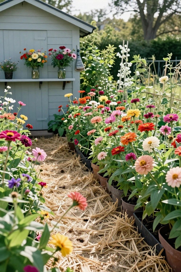 Gray wooden garden shed with shelves holding vases of mixed flowers, next to raised beds overflowing with colorful zinnias in pinks, oranges, yellows, and reds, bordered by a straw-mulched dirt path.
