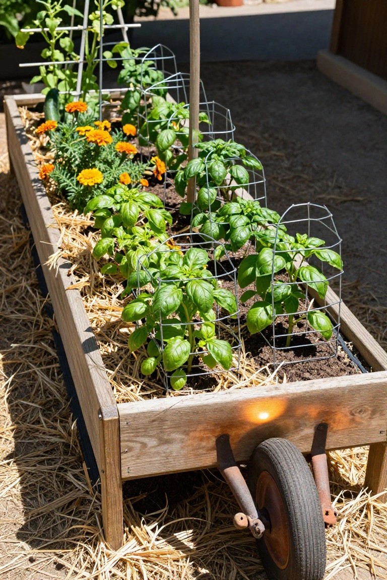 Wooden raised garden bed shaped like a wheelbarrow filled with basil plants, marigolds, cucumbers, and other greenery supported by wire frames, positioned on gravel outdoors with a single wheel.