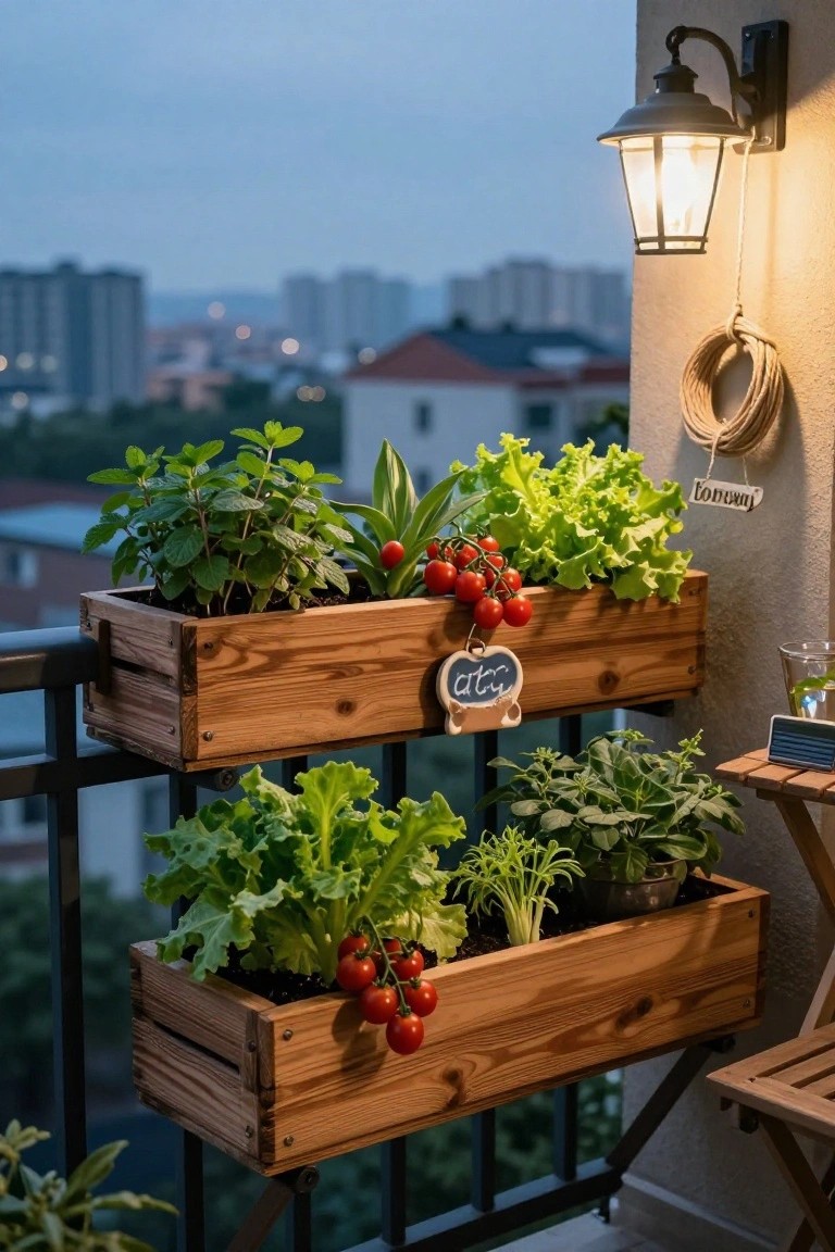 Wooden planter boxes mounted on a balcony railing filled with lettuce, herbs, tomatoes, mint, and other greens, with a wall lantern, rope coil, small table, and city view at dusk.