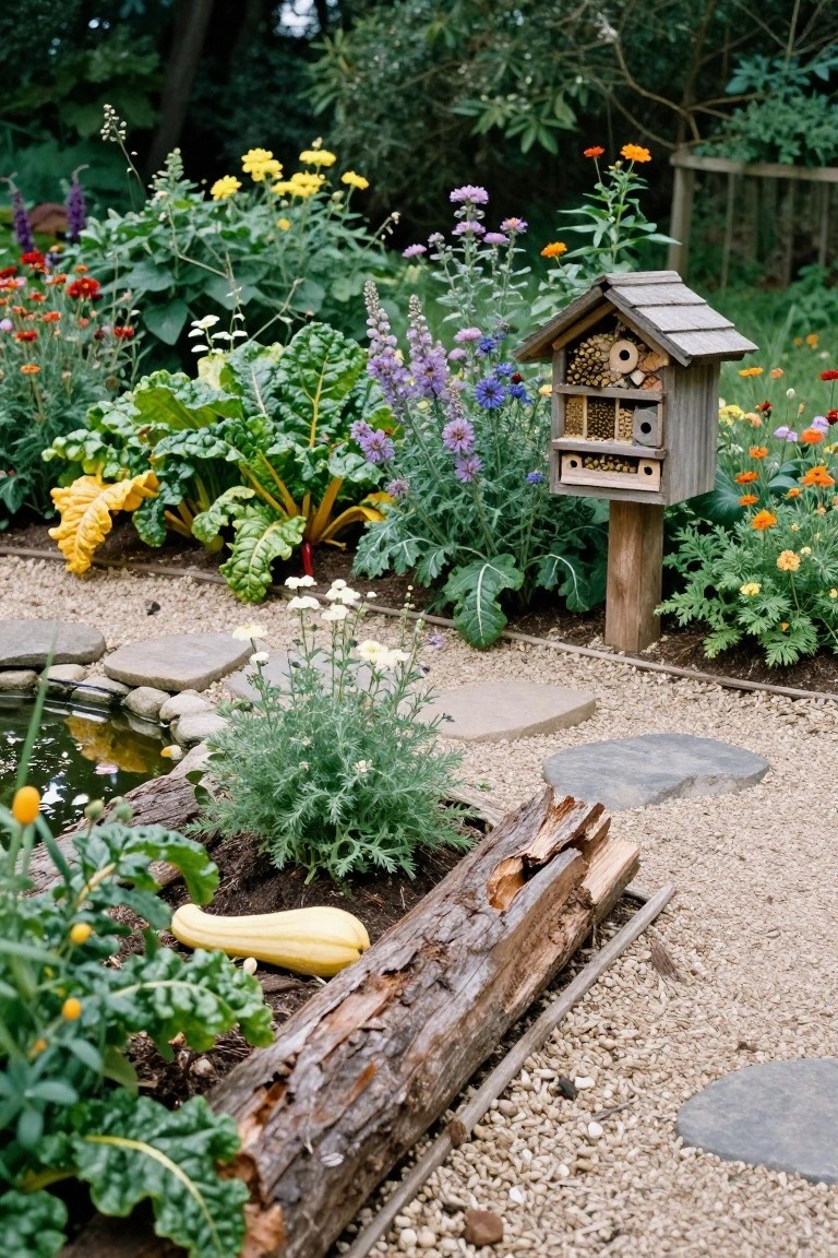 A wooden bee hotel on a post in a colorful vegetable garden with chard, squash, beets, flowers, a gravel path, stepping stones, and a small pond nearby.