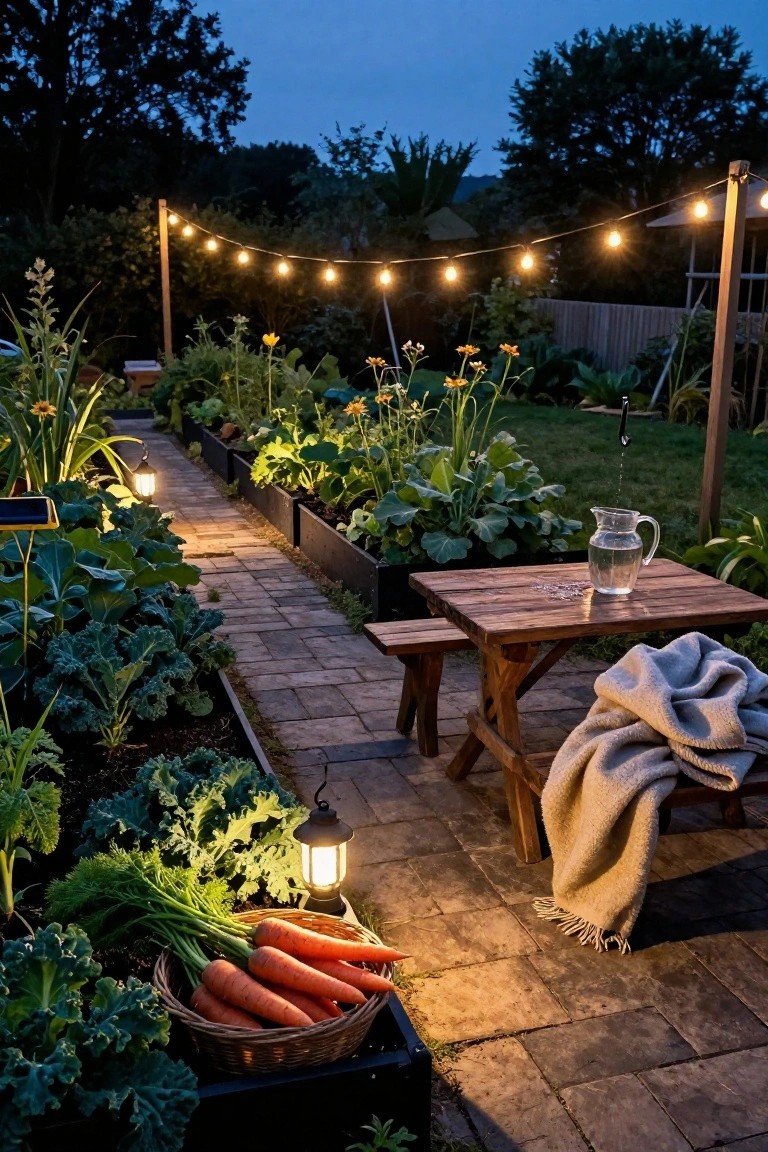 Evening-lit vegetable garden featuring black raised beds with kale, carrots, dill, and pumpkins flanking a stone pathway, string lights overhead, lanterns on the path, and a wooden picnic table with a water pitcher nearby.