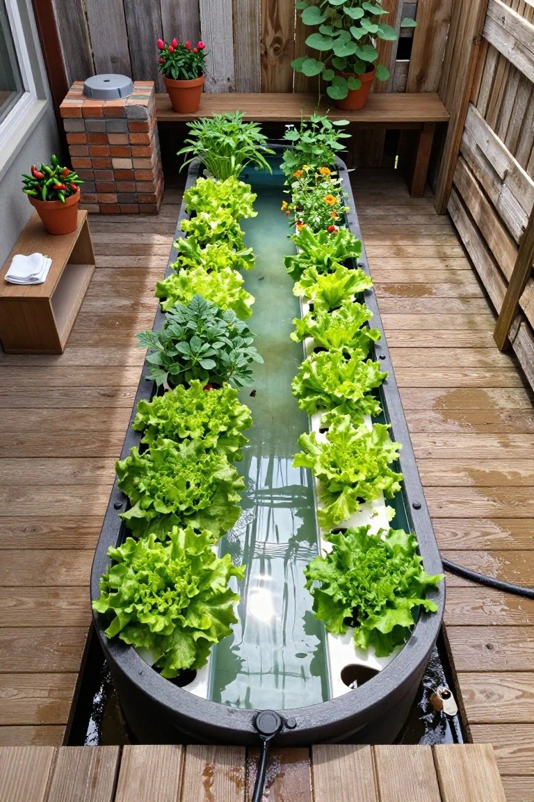 Long rectangular black hydroponic trough on a wooden deck growing rows of green lettuce and other plants in water, surrounded by potted peppers, flowers, and a bench against a wooden fence.