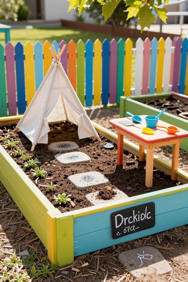 A lime green and turquoise raised garden bed with soil, small plants, a white canvas teepee tent, gray stepping stones, and a red toy table with play utensils next to a multicolored picket fence in a backyard.