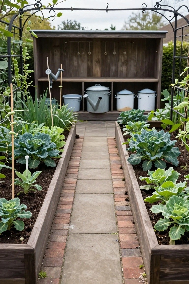 Wooden raised garden beds planted with cabbage, kale, and other greens line a central paved path edged with bricks, next to a wooden potting shelter holding enamelware pots and watering cans under an iron trellis arch.