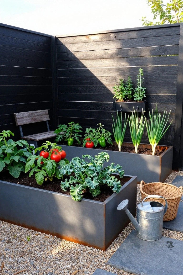 Corner of a backyard with black slatted wood fences, three rectangular rusted metal raised planters growing tomatoes, peppers, kale, scallions, and other vegetables, a wooden bench nearby, metal watering can, and wicker basket on gravel ground with stone pavers.