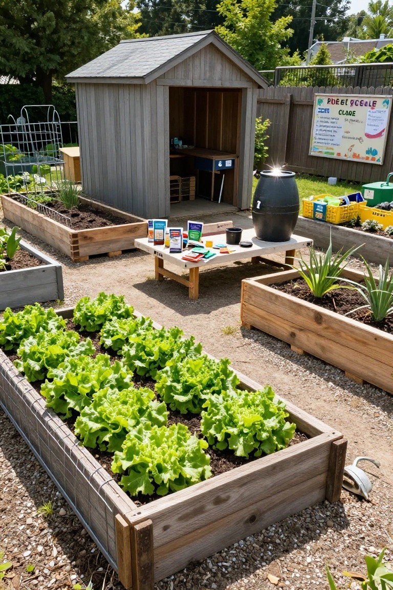Backyard vegetable garden with multiple wooden raised beds planted with lettuce and greens, a small wooden shed, a table with colorful items and planters, gravel paths, and a poster on the fence.