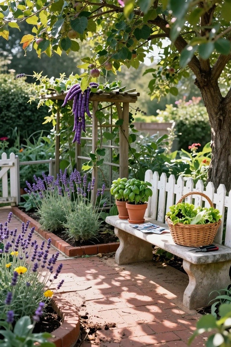 Stone bench on a brick path in a garden beside lavender plants and potted basil, holding a wicker basket of fresh leafy greens and garden shears, with a wooden trellis draped in purple beans and a white picket fence nearby.