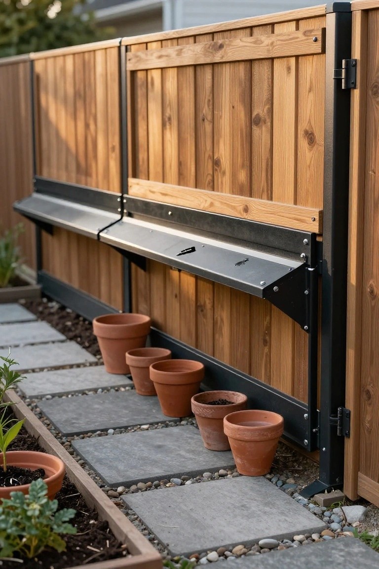 Wooden slatted fence with black metal fold-down shelves mounted midway up, terracotta pots with plants along a stone pathway at the base, and a raised garden bed nearby.