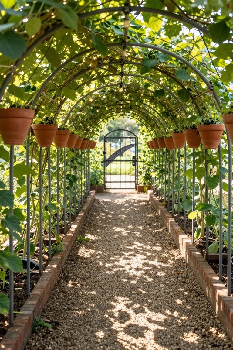 Gravel pathway through a garden lined with metal poles supporting climbing bean plants and hanging terracotta pots on both sides, under vine-covered arched metal trellises leading to a black metal gate.