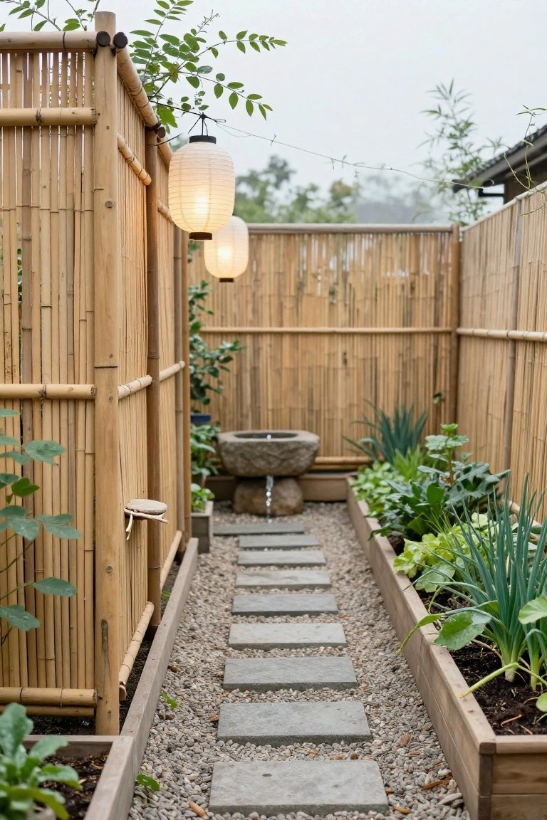 Narrow outdoor garden path with gray stone stepping stones, enclosed by tall bamboo fencing, raised wooden beds planted with vegetables like greens and onions, a stone water basin with spout, and hanging white paper lanterns.