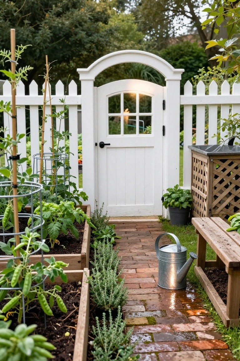 White picket fence with arched glass-paneled gate opening to raised wooden vegetable beds containing peas, tomatoes, basil, and herbs, brick pathway, metal watering can, wooden bench, and lattice compost bin in a backyard garden.