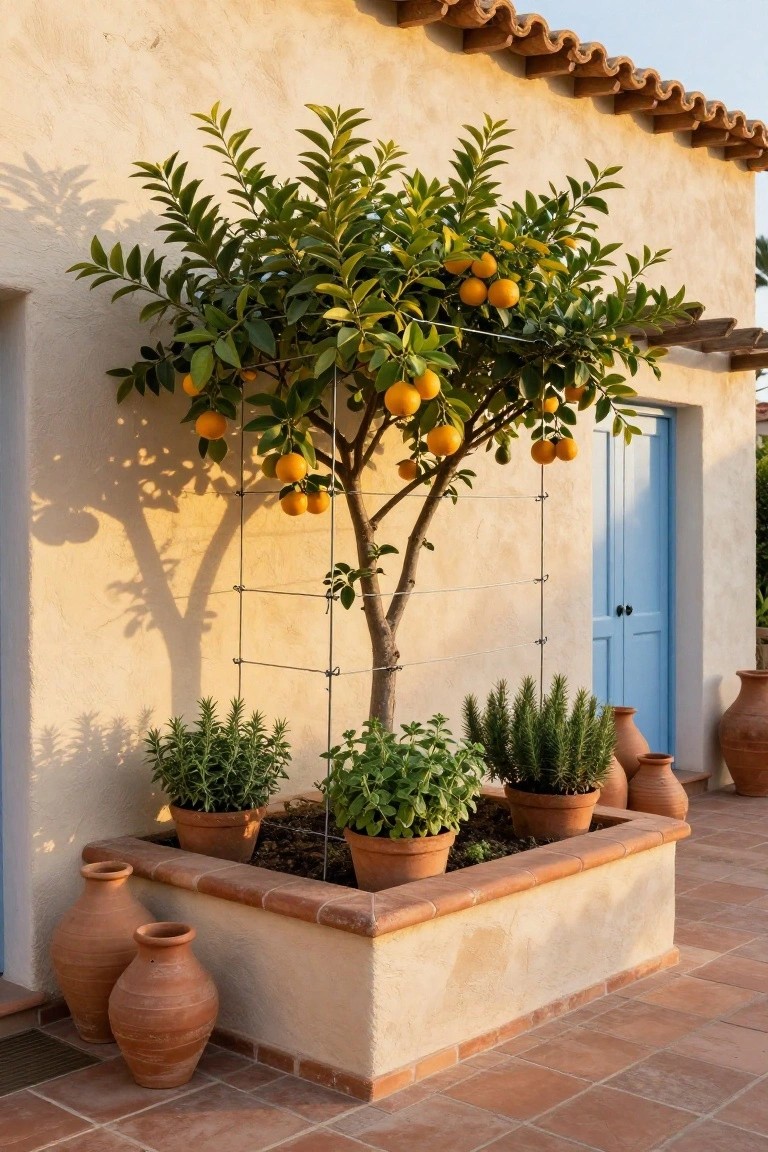 Beige stucco wall with blue door and espaliered orange tree on metal trellis in raised brick bed containing herb pots, surrounded by terracotta vases on terracotta tile patio.