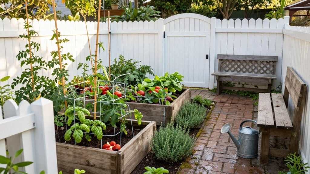 22 Functional Vegetable Garden Fence Ideas for a Protected Growing Space White picket fence with arched glass-paneled gate opening to raised wooden vegetable beds containing peas, tomatoes, basil, and herbs, brick pathway, metal watering can, wooden bench, and lattice compost bin in a backyard garden.