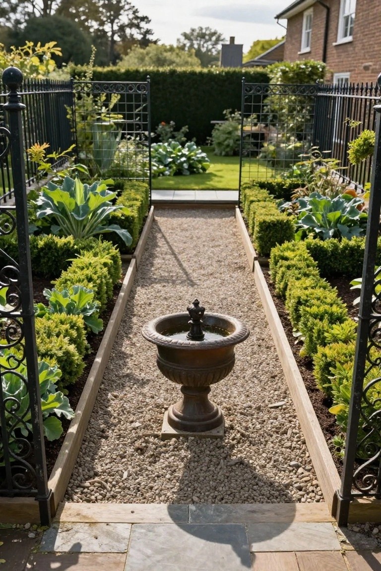 Gravel pathway through raised vegetable beds edged with boxwood hedges, enclosed by black wrought iron fencing with arched gate and central stone urn fountain.