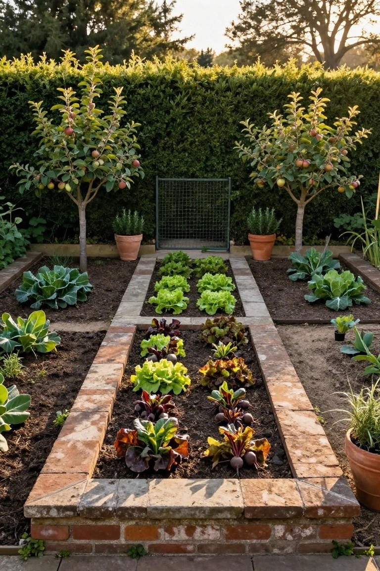 Raised brick vegetable garden beds with lettuce, beets, kale, and other greens, enclosed by a black metal gate in front of a tall green hedge, with potted apple trees and herbs nearby.