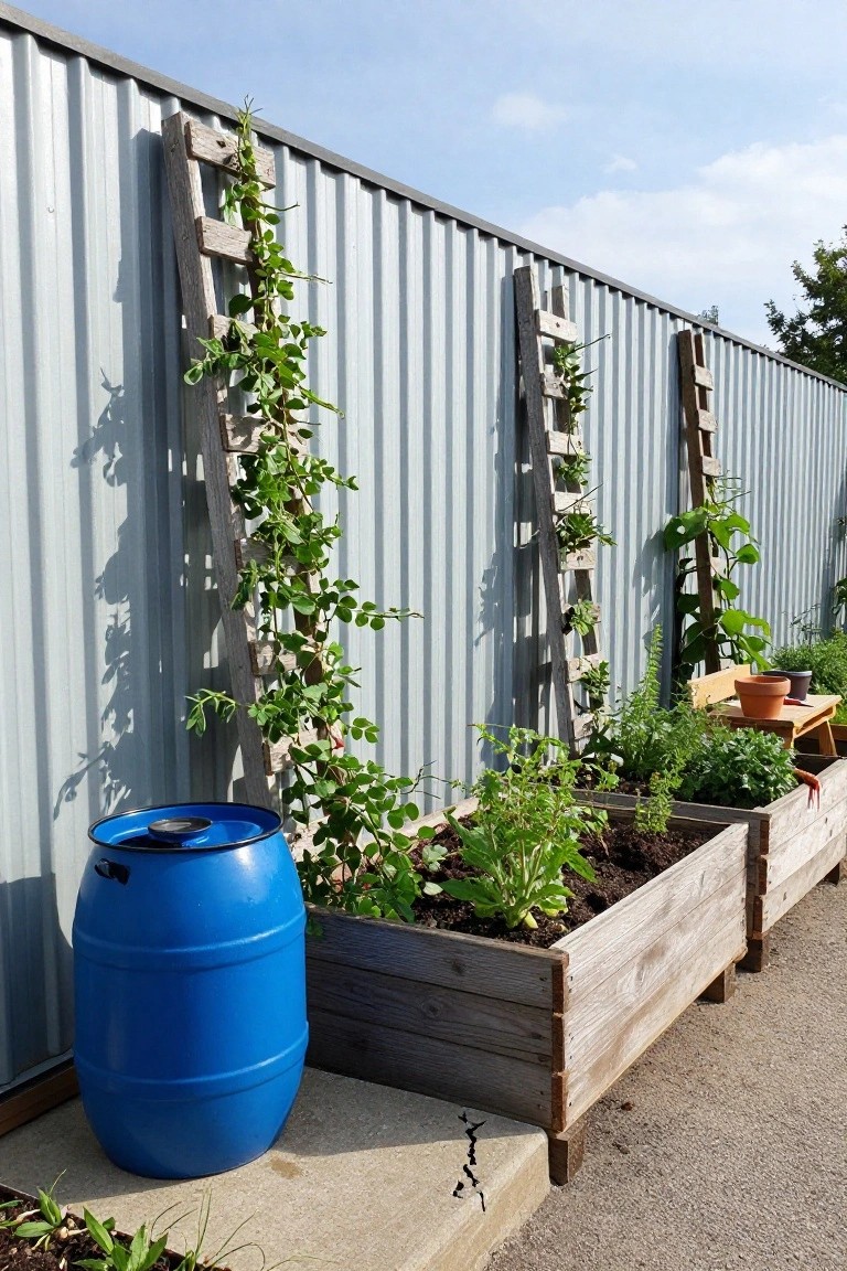 Wooden ladder trellises mounted against a corrugated metal fence with climbing green vines, adjacent raised wooden garden beds containing vegetables, a blue plastic rain barrel, and potted plants on a concrete path.