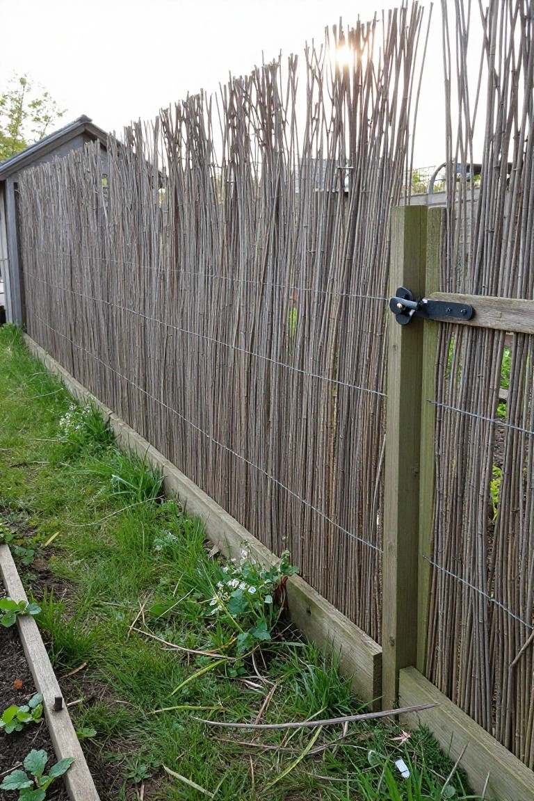 A garden fence of tightly woven reed panels on a wire frame with wooden posts and a gate latch, running alongside a wooden raised vegetable bed and grassy area with wildflowers.