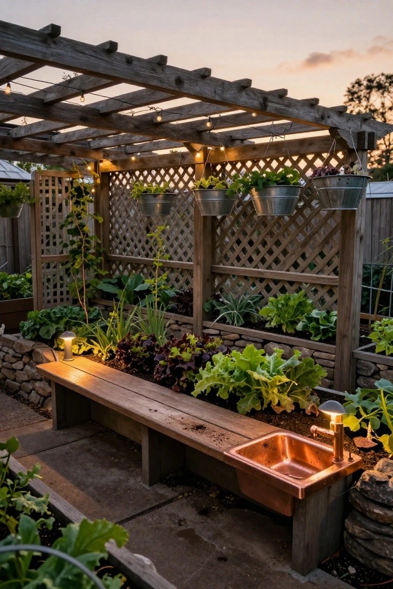 Wooden pergola with string lights over lattice fence enclosing raised vegetable garden beds with greens and plants, wooden bench with copper sink beside stone wall.