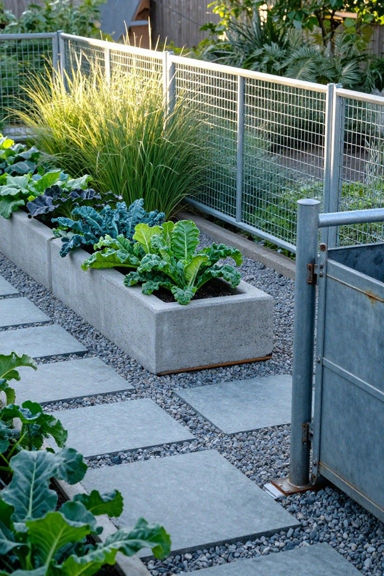 Raised concrete planters with kale and chard along a gravel path, enclosed by galvanized metal mesh fencing with a gate and ornamental grasses nearby.