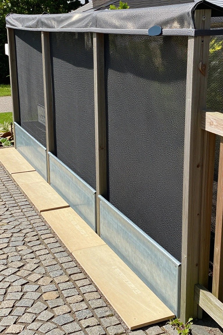 Wooden-framed mesh screen panels forming a garden fence with galvanized metal raised bed bases and wooden platforms on a paved path, topped by a sloped fabric cover.
