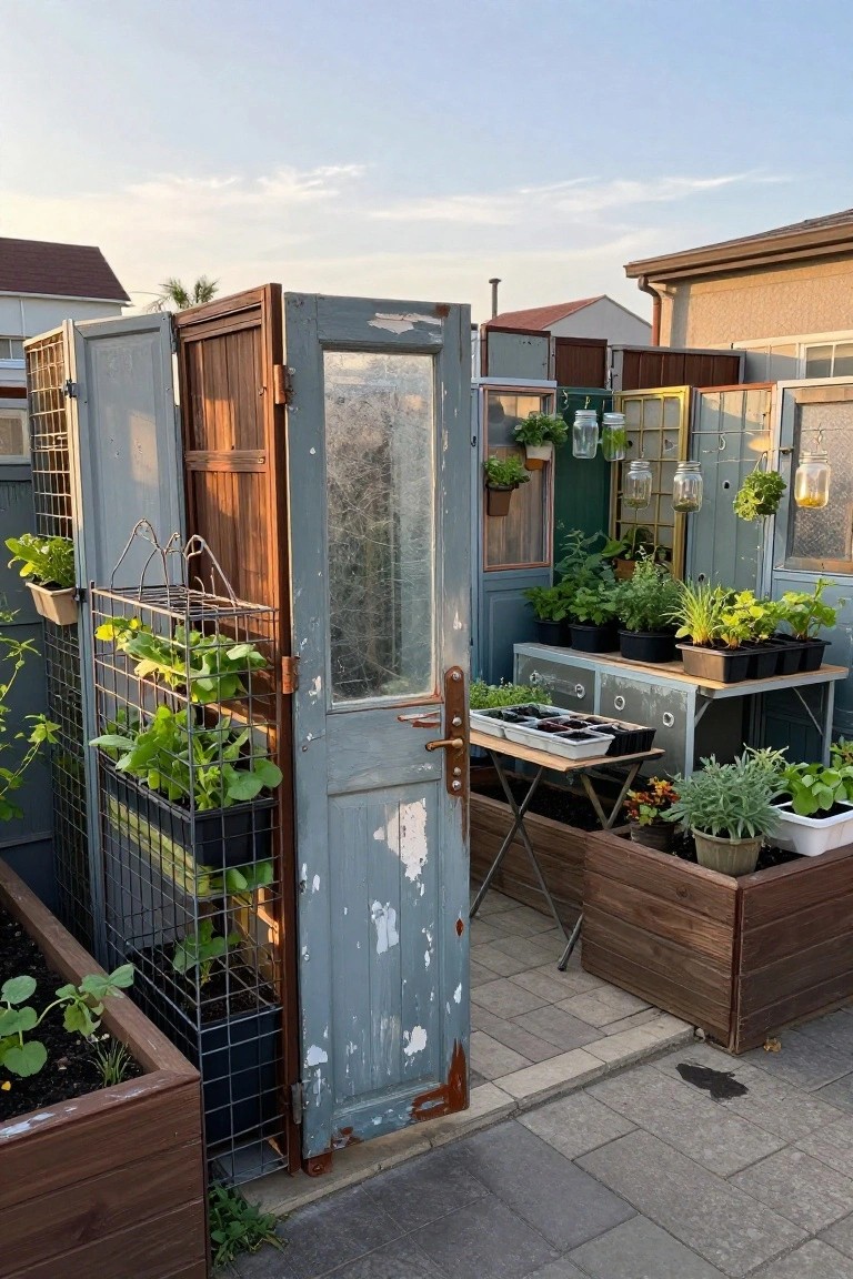Backyard vegetable garden enclosed by a fence assembled from repurposed wooden doors and windows, with raised wooden beds, metal planters, hanging pots of herbs, and seedlings on trays next to a paved patio.