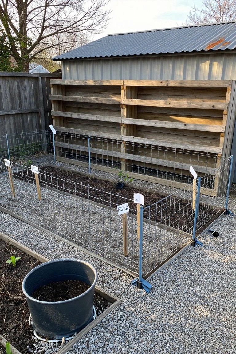 Wire mesh fencing in blue encloses two small raised garden beds with labeled seedlings on gravel ground, adjacent to a wooden pallet rack, black plastic pot, and shed with metal roof.