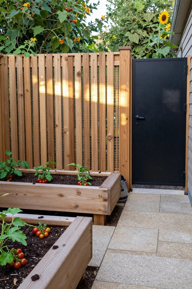Slatted wooden fence with chicken wire mesh encloses raised beds of tomato plants next to a black metal gate in a backyard garden with sunflowers and greenery.