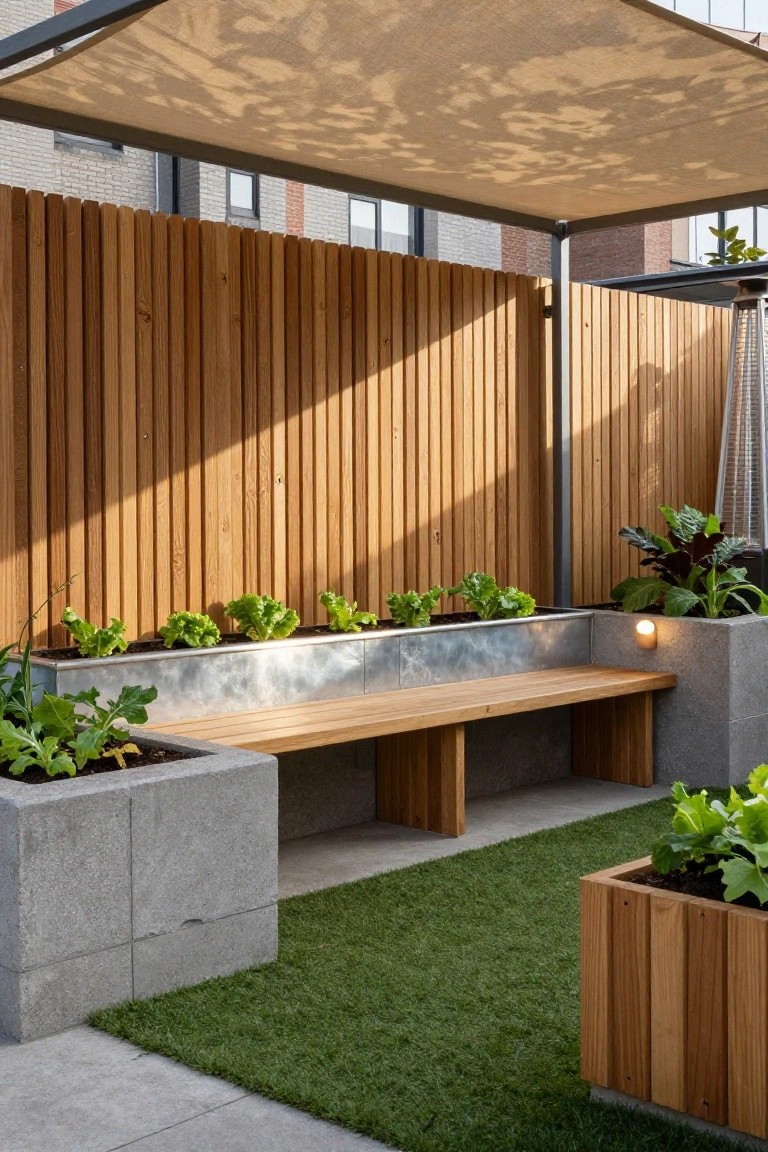 Rooftop terrace with tall vertical slatted wooden fence enclosing a wooden bench integrated with galvanized metal planter box of lettuce plants, concrete corner planters with greens, artificial grass patch, wooden planter box, beige shade sail overhead, and wall light.