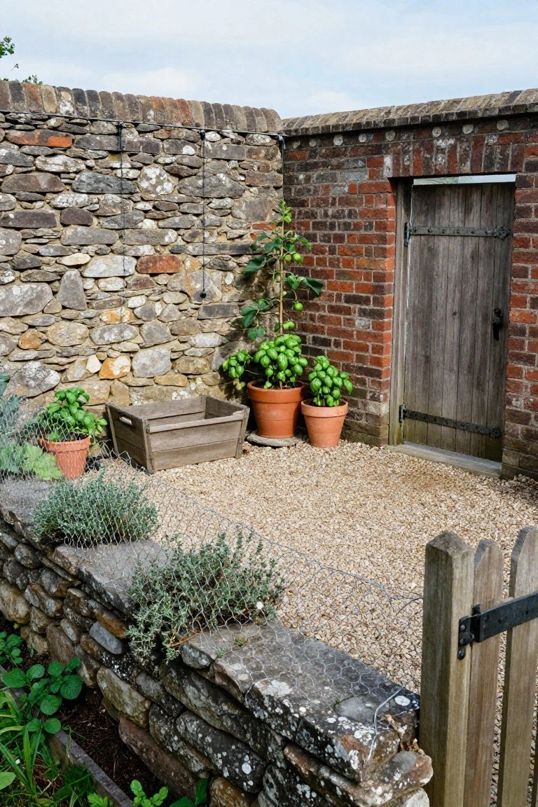 Small gravel-paved garden enclosure with low stone walls topped by wire mesh, taller brick and stone walls, potted basil and pepper plants, a wooden crate, and a wooden gate in the corner.