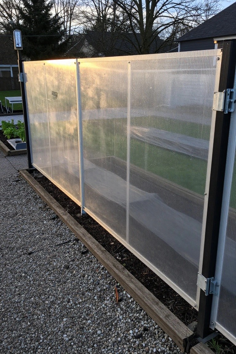 Vertical translucent corrugated plastic panels on black metal frames enclose raised vegetable garden beds with gravel ground and wood edging beside a house and trees.