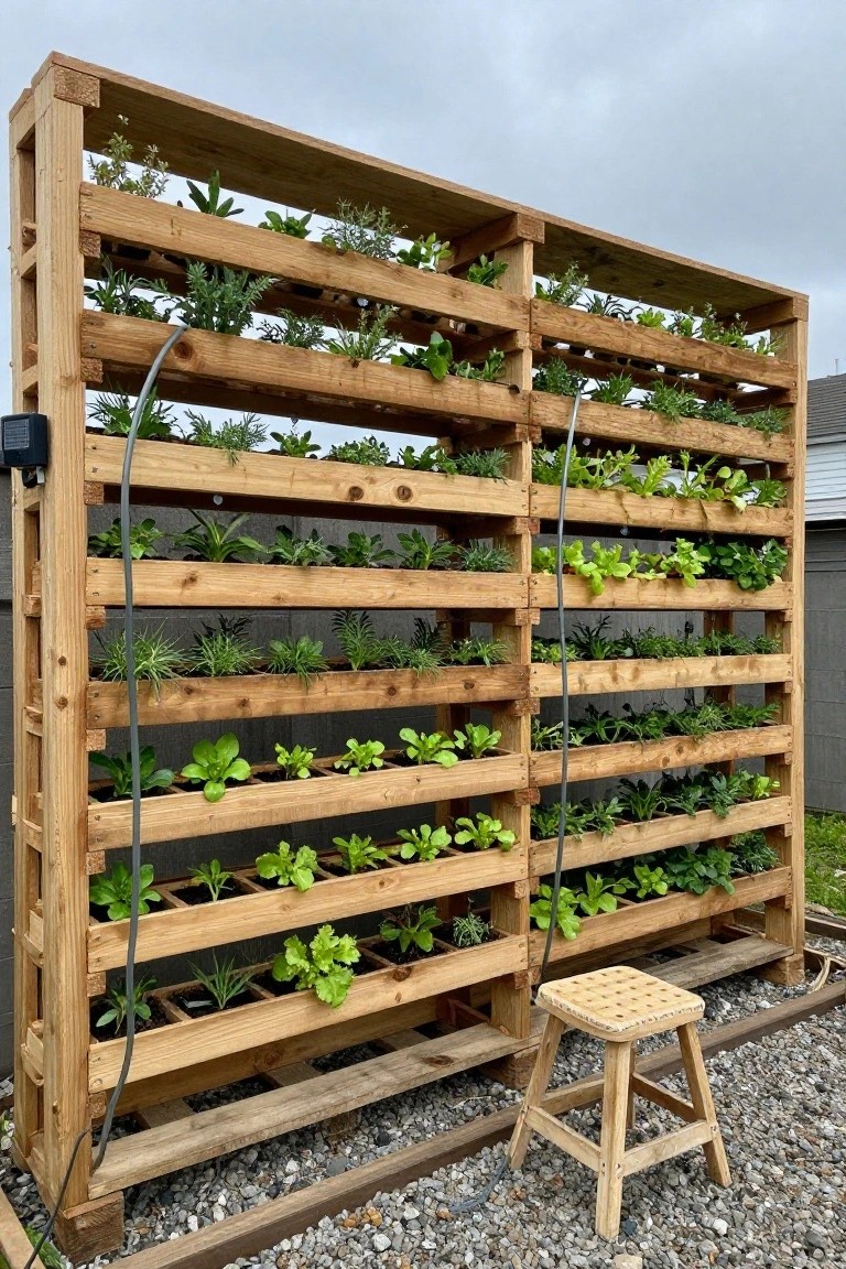 Tall double-sided wooden pallet structure functioning as a vertical garden fence with multiple tiers of soil pockets planted with lettuce, herbs, succulents, and other greens, featuring black irrigation hoses running down the front and a small wooden stool at the base on gravel ground.