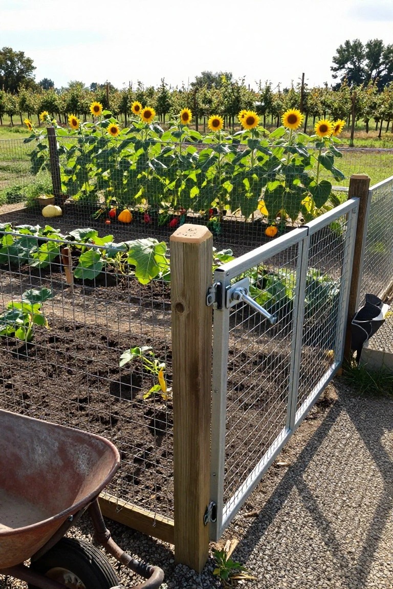 Raised vegetable garden beds with pumpkins enclosed by a wire mesh fence and metal gate on wooden posts, sunflowers in the background, and a rusty wheelbarrow nearby on gravel.