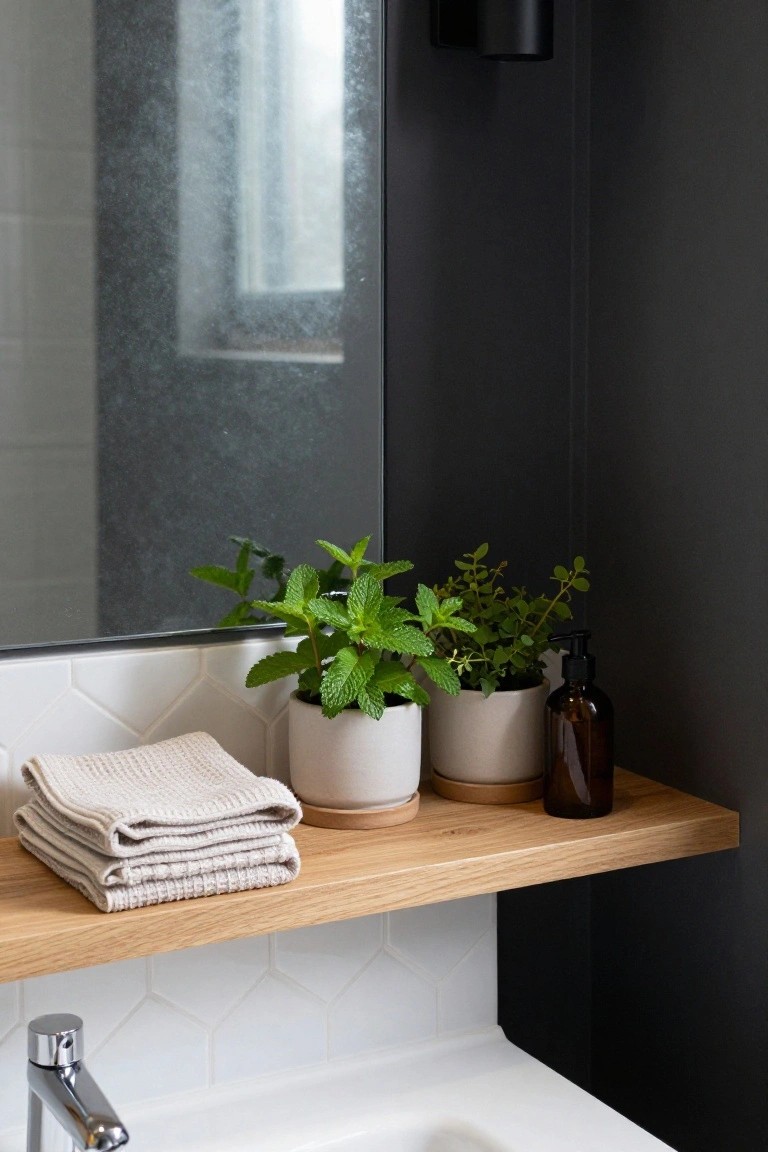 Bathroom vanity with white hexagonal tile backsplash, white sink and faucet, oak floating shelf holding stacked beige towels, two white pots of mint plants, and a brown lotion bottle, beside a dark-framed mirror on a black wall.
