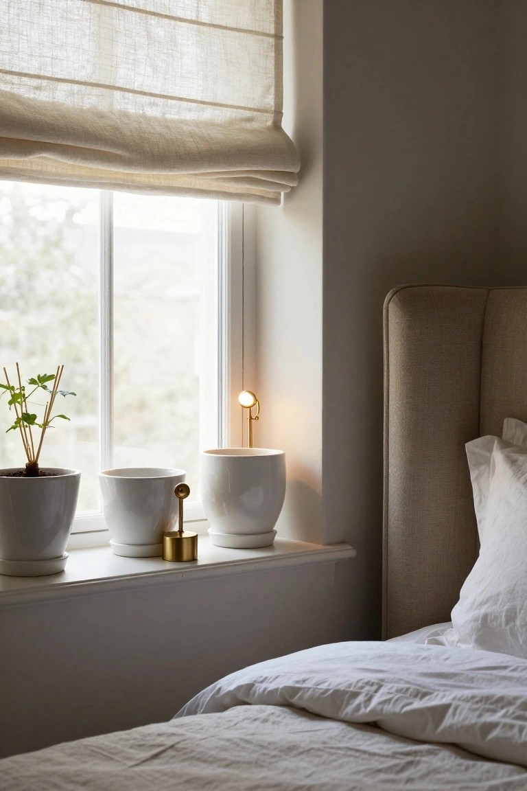 Bedroom corner with windowsill holding two white ceramic pots of small herb plants with green stems and leaves, a small gold lamp nearby, linen roman shades partially drawn, beige upholstered headboard, and white bedding on the bed.