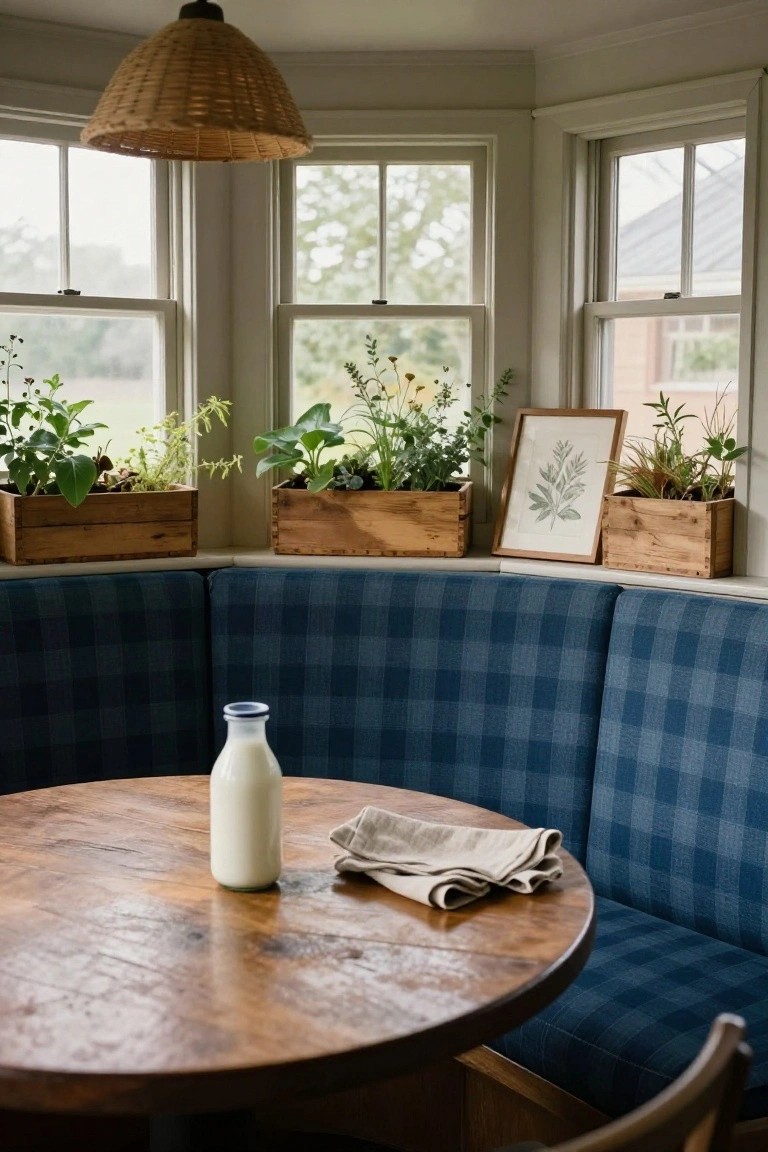 Cozy interior breakfast nook with blue plaid bench seating around a round wooden table holding a glass milk bottle and linen napkin, wooden crates planted with herbs on multiple windowsills, rattan pendant light overhead.