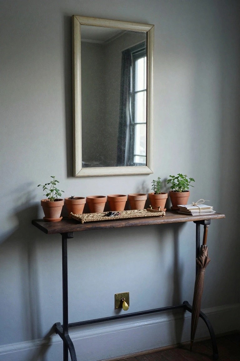 Narrow wooden console table with black metal legs holding six terracotta pots of small herb plants on a woven tray, flanked by stacked books and keys, under a tall white-framed mirror against a light gray wall with an umbrella stand nearby.