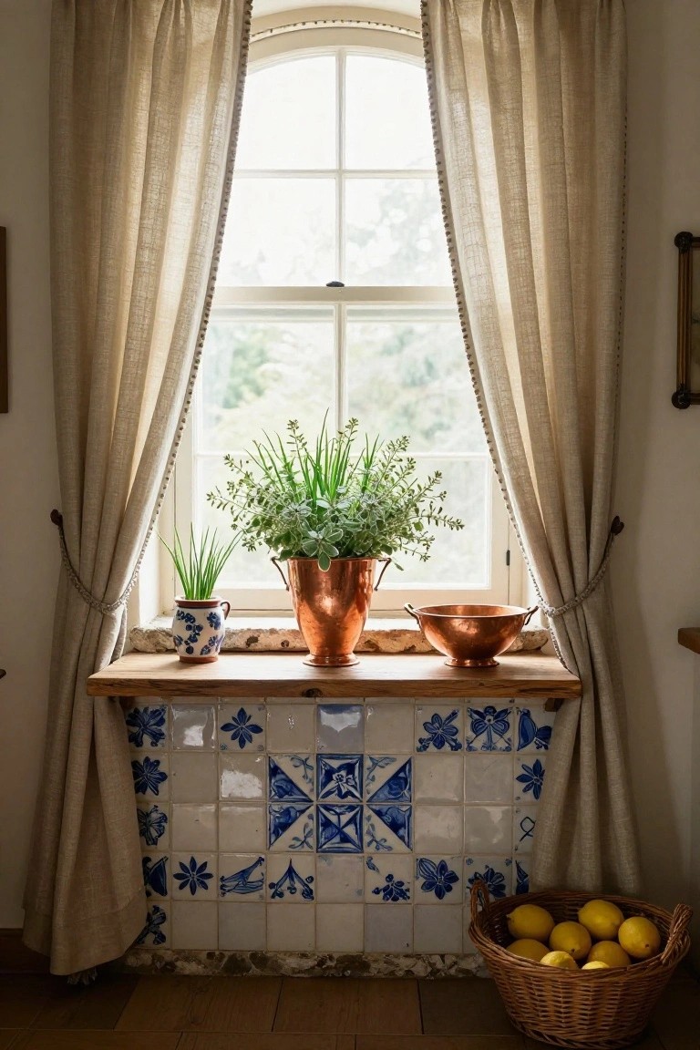 Windowsill with copper pots holding herbs like chives, a blue and white ceramic jug with green onions, copper bowls, and a wicker basket of lemons on a wooden sill against blue and white tiled wall flanked by beige linen curtains.