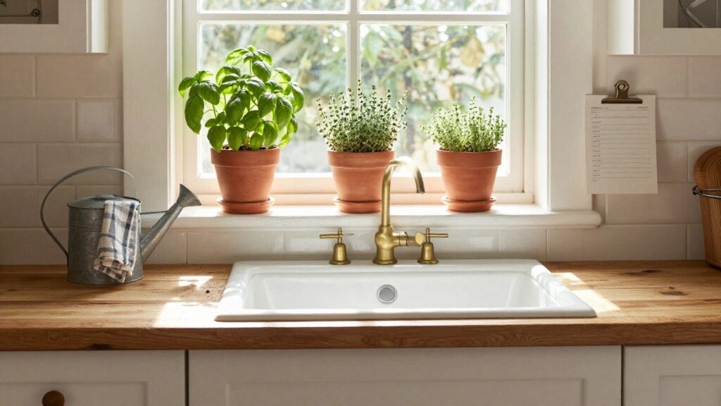 Kitchen windowsill above a white farmhouse sink with two terracotta pots of basil and thyme plants, brass faucet, gingham dishcloth, and metal watering can on wooden countertop.