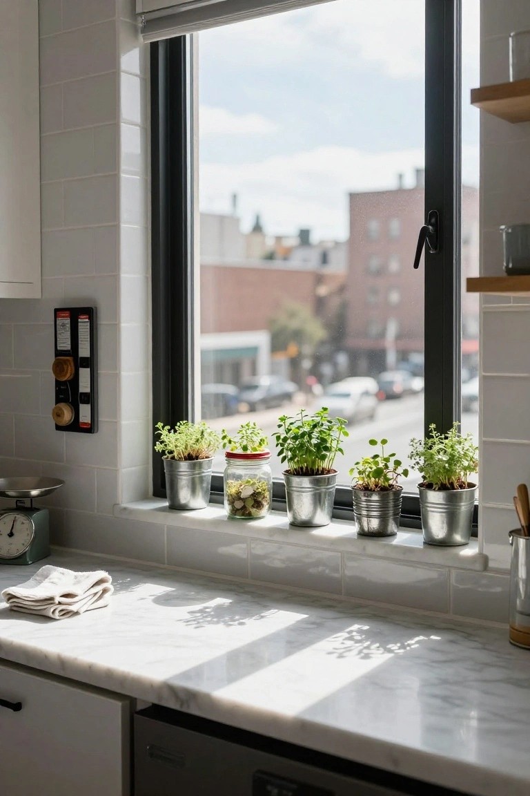 Kitchen windowsill lined with five small galvanized metal tins planted with green herbs including basil and mint, above a white marble countertop with a kitchen scale, viewed through a large black-framed window to a city street.