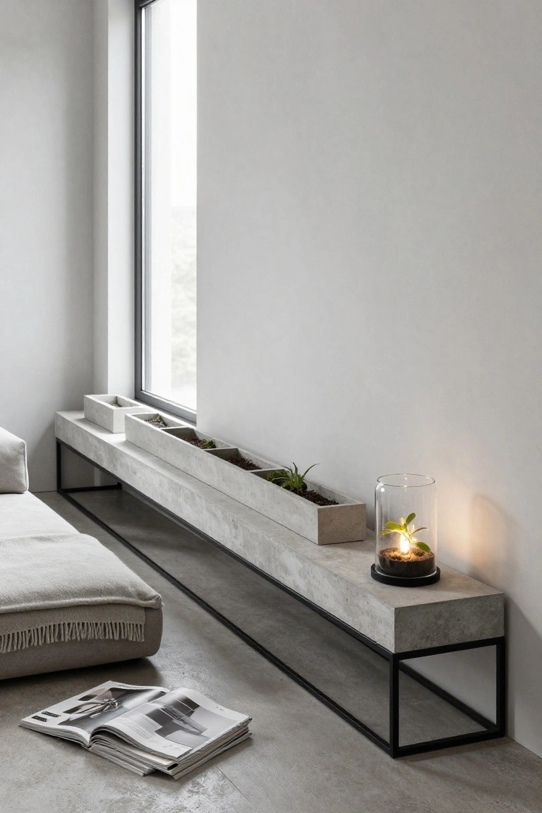 Long concrete bench with integrated rectangular planters containing small green plants next to a large window in a minimalist white interior, low beige sofa nearby, glass terrarium lamp on bench, and open magazine on concrete floor.