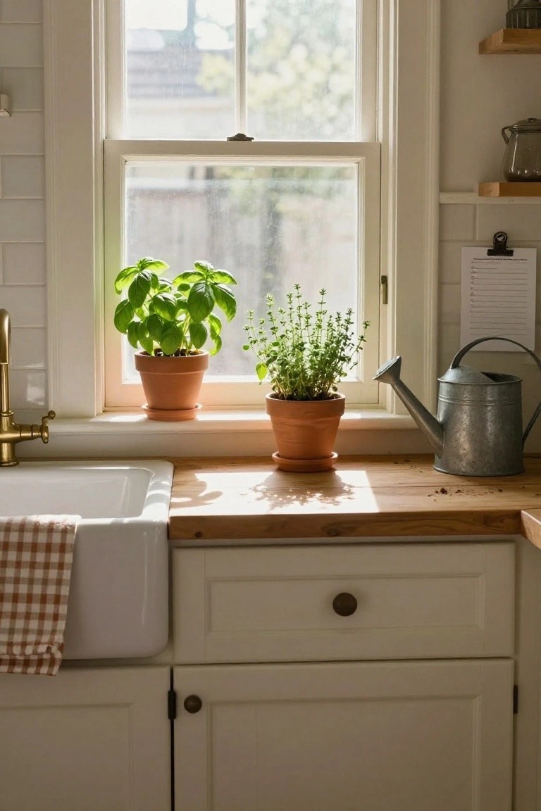 Kitchen windowsill above a white farmhouse sink with two terracotta pots of basil and thyme plants, brass faucet, gingham dishcloth, and metal watering can on wooden countertop.