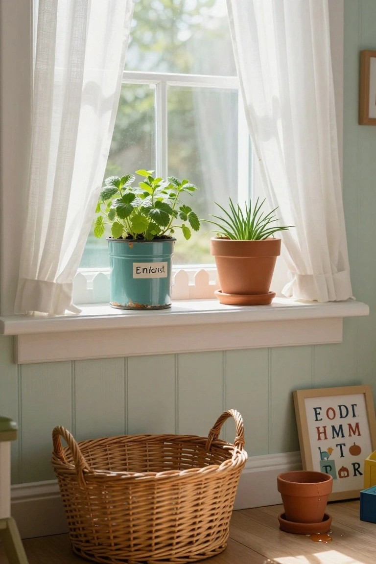 Windowsill with sheer white curtains framing greenery outside, a turquoise metal bucket labeled "Enklaust" holding a green leafy herb plant, a terracotta pot with a spiky succulent plant, a wicker basket on the wooden floor, small terracotta pot nearby, pastel green paneled walls, and an alphabet poster in a cozy interior room.