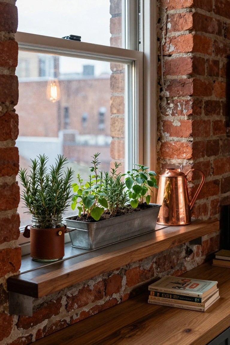 Wooden windowsill shelf with potted rosemary in a glass jar, assorted herbs in a metal trough, copper watering can, and stacked books against exposed brick wall, viewed from inside with urban buildings outside the double-hung window.