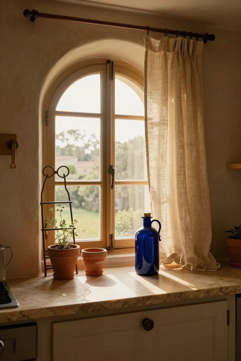 Kitchen counter and windowsill with a black metal plant ladder holding two terracotta pots of herbs, a blue glass jug with cork, additional potted plants, sheer curtains on an arched window, and view of greenery outside.