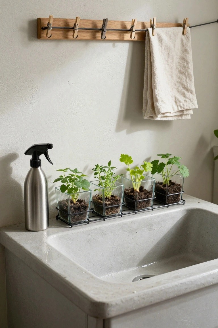 White composite sink with black metal rack holding four glass pots of small herb seedlings in soil, silver spray bottle beside it, wooden clothespin rack with linen towel hanging above on beige wall.