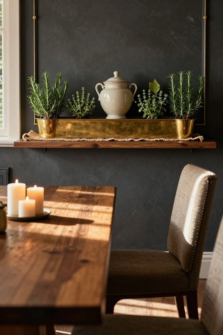 Brass tray planter on a wooden wall shelf filled with potted rosemary, thyme, and other herbs flanking a central white lidded pot, above a wooden dining table with white candles and upholstered chairs against a dark textured wall.