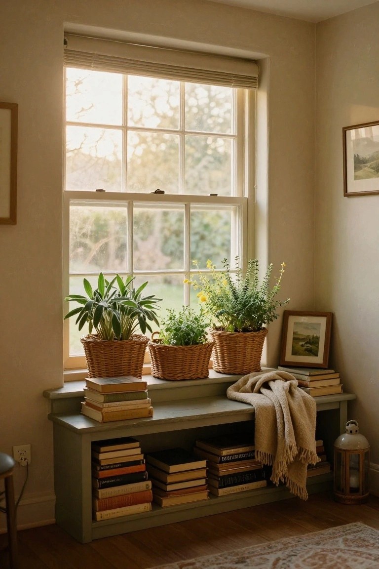 Indoor corner with a large sash window, three plants in wicker baskets on a green wooden bench filled with stacked books underneath, a beige throw blanket draped over the bench edge, and framed pictures nearby.