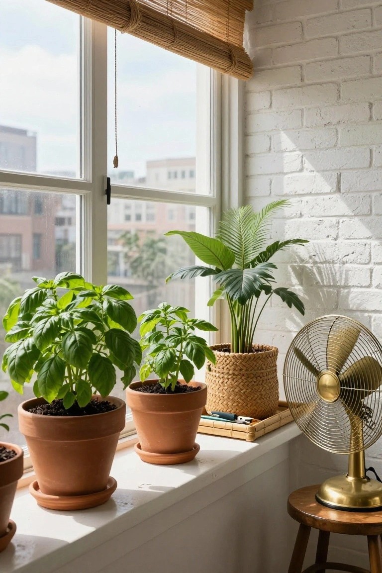 Potted basil plants, palm, and brass fan on sunny windowsill with brick wall.